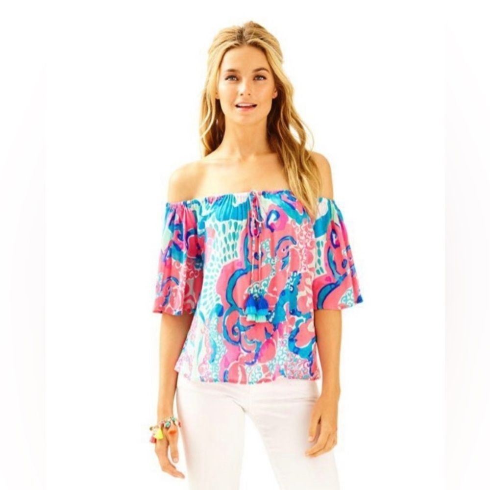 Lilly Pulitzer Sain Off the Shoulder Colorful Blouse with flutter sleeve size XL